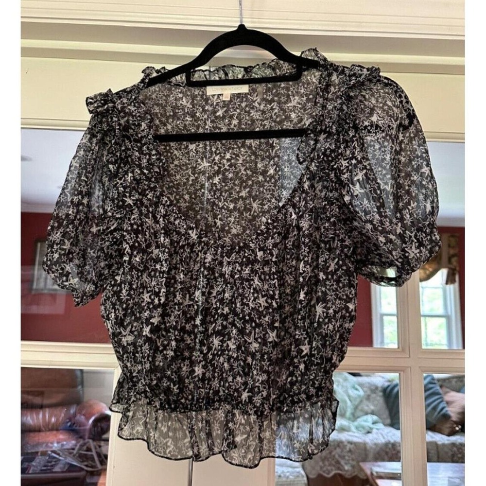 LoveShackFancy Silk Peasant Blouse Ruffles Black Star Print XS Balloon Sleeve